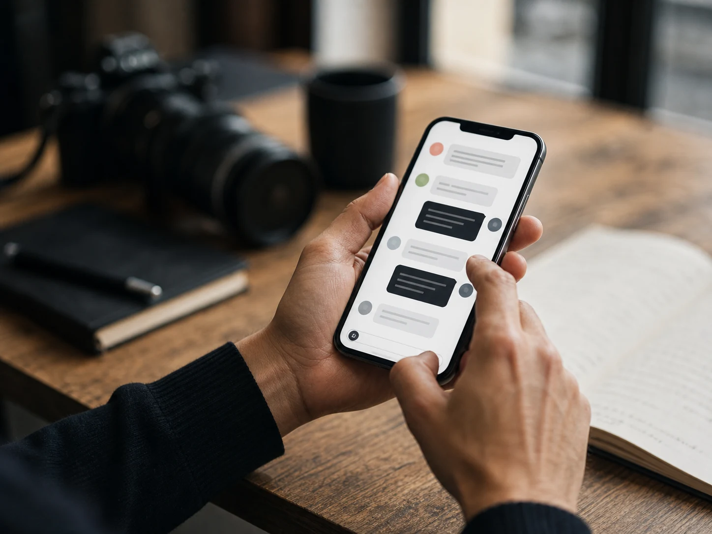 Community manager répondant aux messages depuis un smartphone