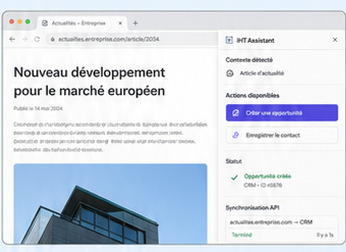 Aperçu conceptuel d’une extension proposant une action métier dans le contexte d’un article
