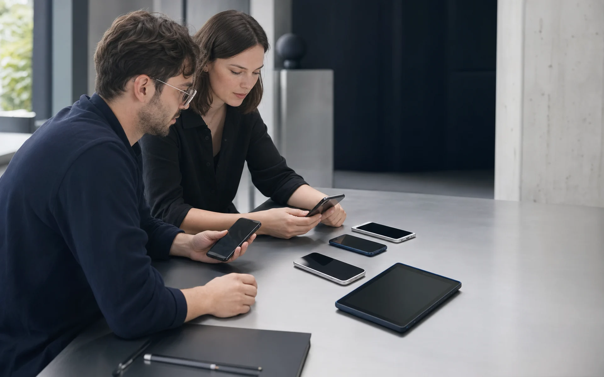 Équipe qualité testant une application sur plusieurs smartphones et une tablette